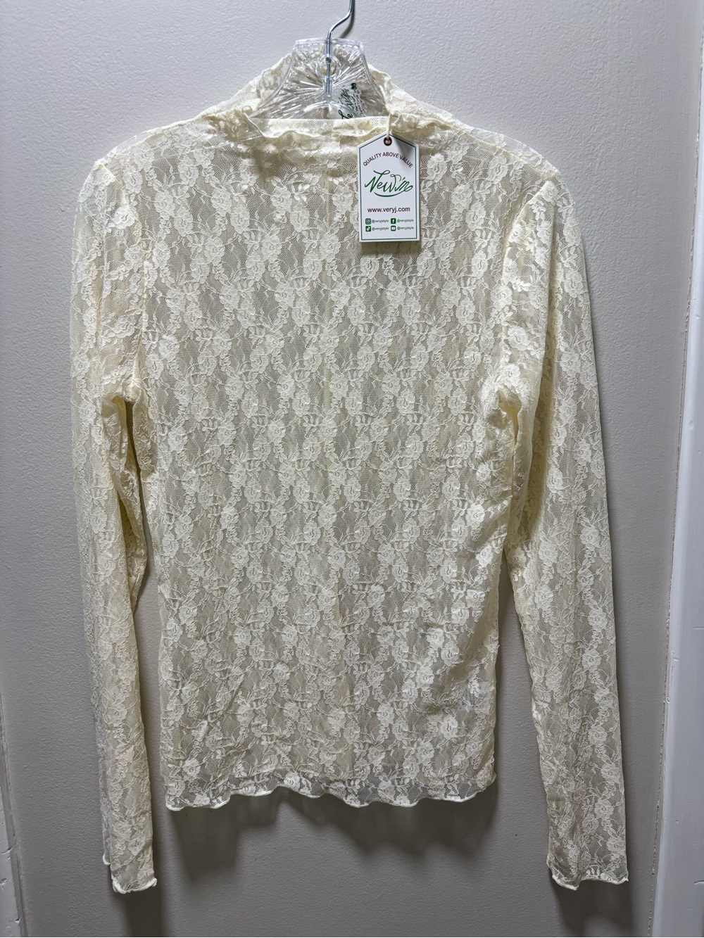 Women’s L Champagne Lace Floral Mock Turtle Neck Slim Fit Sexy Sheer Mesh Top
